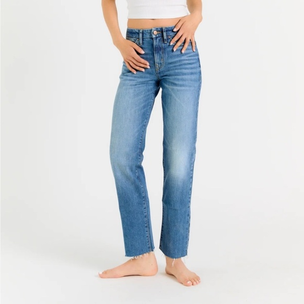 Porter Blue The Rebel Straight Mid Wash Straight Leg Raw Hem Jeans Womens 31